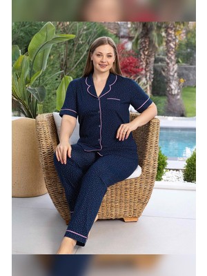 Aydoğan Kadın Didar Büyük Beden Önü Düğmeli Lacivert Pijama Takımı 0157