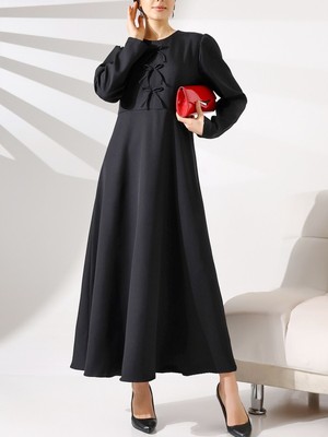 Modamorfo Kurdele Detaylı Ithal Krep Elbise -Siyah