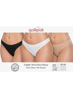 Gallipoli 2964 Kadın Pamuklu Slip Külot 3’lü Paket Siyah Beyaz Ten
