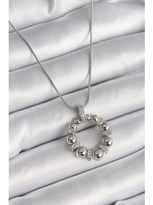 Uslucan Alışveriş 316L Çelik Gümüş Renk Zincir Zirkon Taş Detaylı Bombeli Halka Model Kadın Kolye