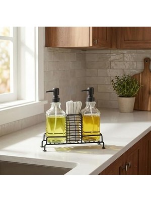 TeknoKapsül 2'li Standlı Kare Cam Sabunluk Seti | 2 x 500 ml | Ferforje Metal Standlı (Siyah) | Sünger/fırça Bölmeli Mutfak ve Banyo Düzenleyici