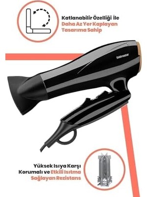 TeknoKapsül Efil Profesyonel Saç Kurutma ve Fön MAKINESI,2400W Dc Motor Katlanabilir, Soğuk Üfleme Difüzör ve Dar Başlık 3 Isı 2 Hız Ayarı Aşırı Isınma Korumalı Çıkarılabilir Filtre Asma Halkalı, Siyah