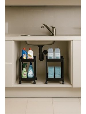TeknoKapsül Pro 2 Katlı Siyah Tekerlekli Çok Amaçlı Banyo & Mutfak Düzenleyici Raf – Evye Altı Deterj Siyah 40 x 35