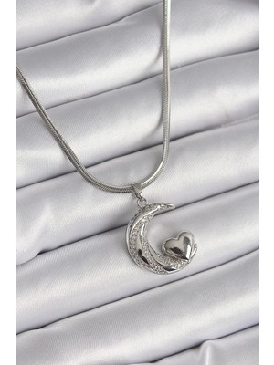 Uslucan Alışveriş 316L Çelik Gümüş Renk Italyan Zincir Zirkon Taşlı Halil Figür Kalp Detay Kadın Kolye