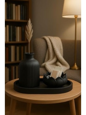 TeknoKapsül Siyah Kase ve Çizgili Vazo Seti – 3’lü El Yapımı Tepsili Minimalist Dekor – Modern Ev & Ofis Aksesuarı