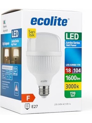 TeknoKapsül 18W LED Ampul, 3000K Sarı Işık, 1600 Lümen, 104W Eşdeğer, E27 Duy, 220V, Dimmer Uyumsuz, F Enerji Sınıfı