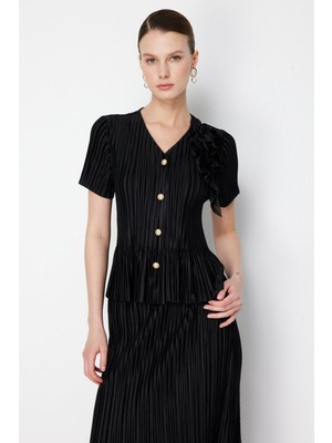 Ekol Kadın Yakası Çiçekli V Yaka Bluz 2882 Siyah