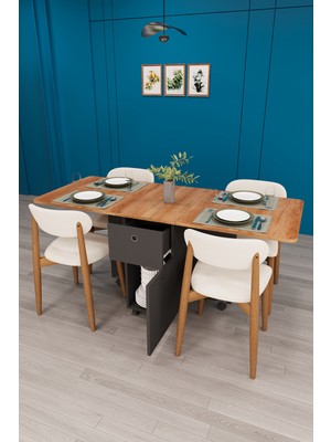 Asra Trend Lüks Katlanır Mutfak Yemek Masası Takımı %100 Mdf Pratik Çekmeceli Çalışma Masası Sandalye KMS03