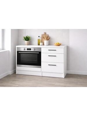 T Designo Aka Ankastre Fırın Modülü-Çok Amaçlı Dolap -110 cm -3 Çekmeceli-Laminat Beyaz Tezgah Dahil