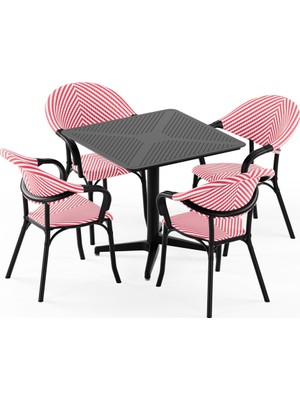 Tilia 4 Kişilik Polipropilen Masa Takımı Siyah, Kırmızı Beyaz File (Moon Katlanır Masa 80X80 cm + Flash-N Kollu Sandalye)