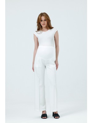 Katlin Maternity Hamile Geniş Paça Beli Ayarlanabilir Kumaş Beyaz Pantolon Önü Dikiş Detaylı