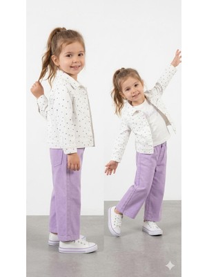 HaanBebe Kız Çocuk Kalp Desenli Kot Ceket ve Lila Jean Pantolonlu 3’lü Takım