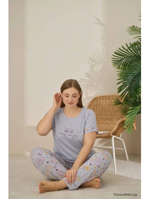 Pijamoni Kadın Büyük Beden Polyviskon Kumaş Gri Pijama Takımı
