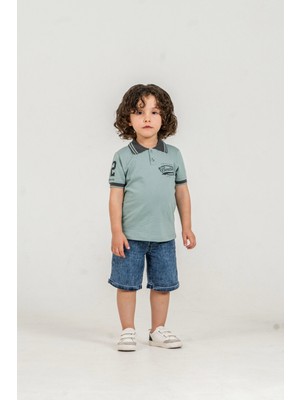 Erkek Çocuk Bontino ve Kol Baskılı %100 Pamuk Polo Yaka Tişört ve Kot Şort Alt Üst Ikili Takım