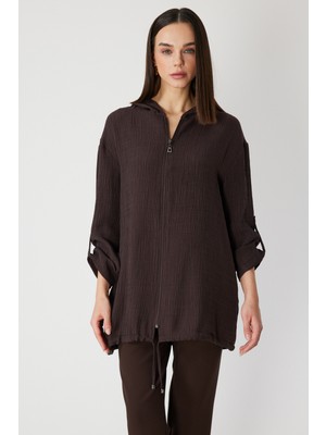 On Kadın Kendinden Desenli Kapüşonlu Hırka 72701 Kahverengi