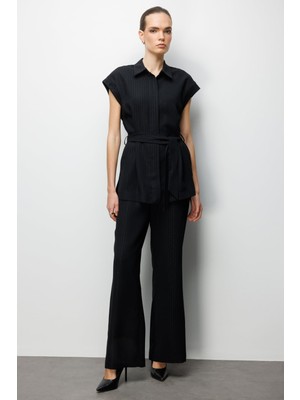 On Kadın Çizgi Desenli Bol Paça Pantolon 74901 Siyah