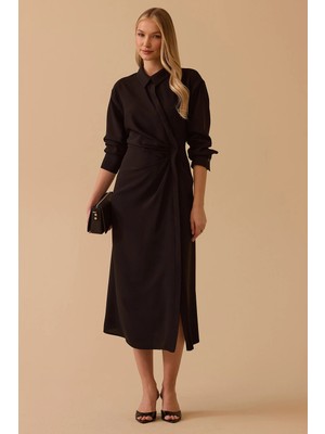 Seçil Kadın Gömlek Yaka Drapeli Elbise 0015 Siyah