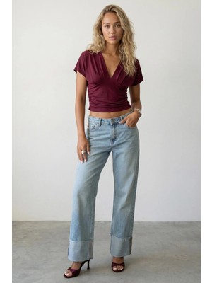 Madmext Bordo Büzgülü Kruvaze Yaka Sandy Bluz MG2781