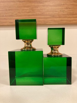 Plus Home Dekoratif Kristal 2'li Şişe Kare Model Renk Yeşil Yükseklik 10 ve 8 cm