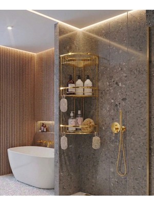 Gold 3'lü Banyo Şampuanlık Gold Banyo Rafı Pirinç Malzeme Paslanmaz Eskitme