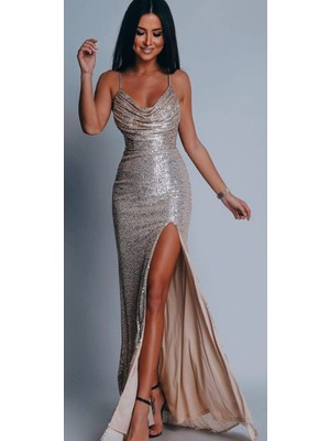 Hanife Glam Couture Hanife Glam Büzgü Detaylı Degaje Yaka Abiye Elbise