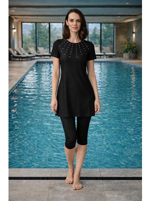 Tesmay Hızlı Kuruyan Mayo Kumaşı Inci Detaylı Yarım Kollu Taytlı Yüzücü Mayo 24198