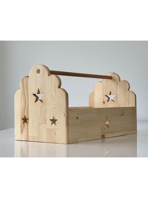 Doruk Ahşap Atölyesi Masif Ahşap Montessori Bulut Figürlü Büyük Boy Çocuk Odası Kitaplığı & Oyuncak Sandığı