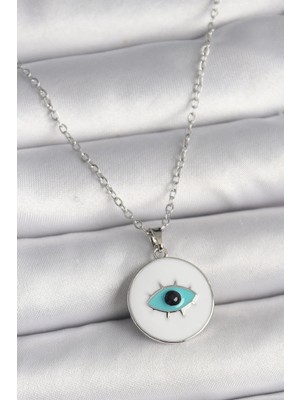 Uslucan Alışveriş 316L Çelik Gümüş Renk Zincir Beyaz Mineli Turkuaz Göz Işleme Model Kadın Kolye