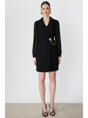 Ekol Metal Aksesuarlı Kolları Tül Mini Elbise 6048