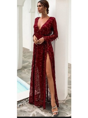 Hanife Glam Couture Hanife Glam Hilaltrend Uzun Kol Saçaklı Payet Abiye Elbise