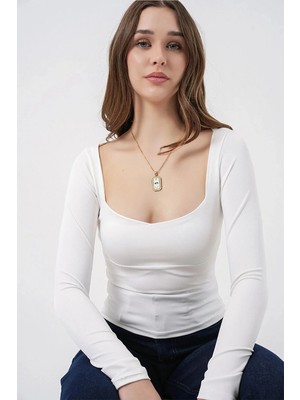 ribana Kadın Kare Yaka Uzun Kollu Slim Fitt Vücuda Oturan Bluz 986