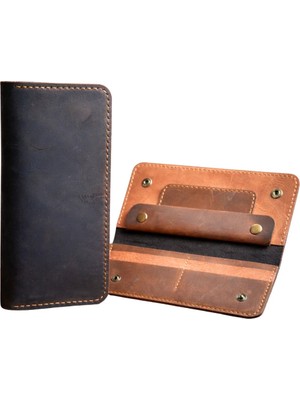 Huggy Craft Hakiki Deri Uzun Cüzdan – Vintage Kahverengi El Yapımı Unisex Deri Cüzdan