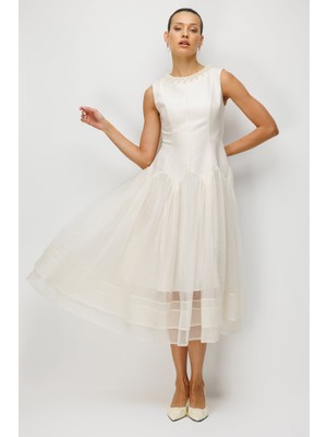 Ekol Kadın Yakası Incili Eteği Tül Maxi Elbise 6910 Ekru