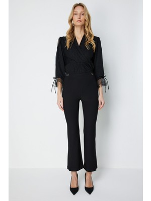 Ekol Kadın Beli Aksesuarlı Paçası Yırtmaçlı Pantolon 4928 Siyah