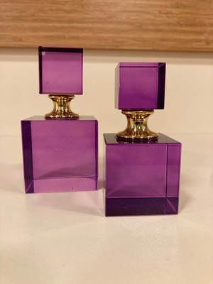 Plus Home Dekoratif Kristal 2'li Şişe Obje Kare Model Renk Mor Altın Yükseklik 10 ve 8 cm