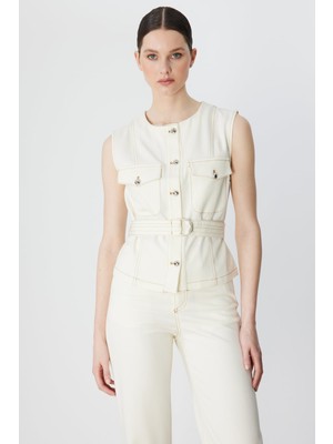 On Kadın Beli Kemerli Kapak Cepli Yelek 70903 Ekru