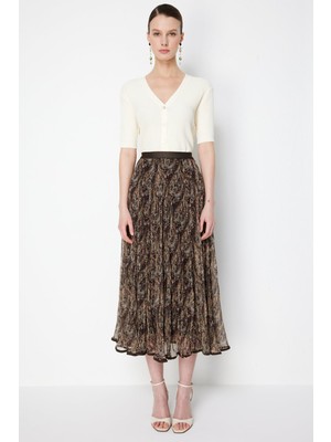 On Kadın Volanlı Desenli Maxi Etek 70204 Kahverengi