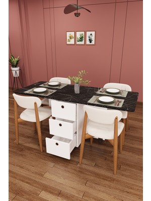 Asra Trend Lüks Katlanır Mutfak Yemek Masası Takımı %100 Mdf Çekmeceli Çalışma Masası Sandalye KMS30