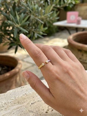 Alsem Gold Kaplama Mor Taşlı Ayarlanabilir Kalpli Yüzük , Heart Design Lila & Gold Işıltılı  Yüzük