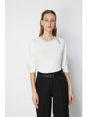 On Kadın Taş Işlemeli Kısa Kollu Bluz 70422 Ekru