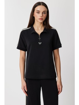 On Kadın Kolları Şeritli Taş Işlemeli Bluz 76335 Siyah