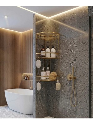 Antik Gold 3'lü Banyo Şampuanlık Antik Gold Banyo Rafı Pirinç Malzeme Paslanmaz Eskitme