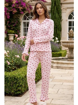 C&city Bürümcük Dokulu Düğmeli Pijama Takım Pembe Fiyonk