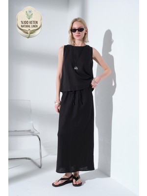 Maule %100 Keten Beli Lastikli ve Bağcıklı Rahat Kalıp Dokuma Kadın Maksi Etek @burgaz