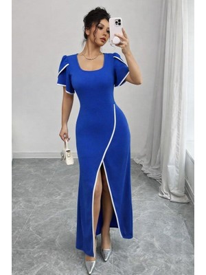 Mareandpanda Kadın Kısa Kollu Kare Yakalı Önden Çapraz Kesim Detaylı Krep Elbise