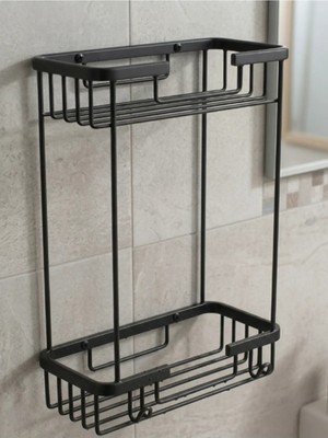 Clk Banyo Karaca Paslanmaz Iki Katlı Banyo Rafı - Lif Askılı Sabunluk ve Şampuanlık Siyah
