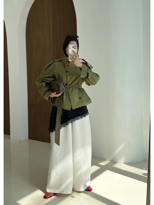 Moda Aksa 004 Dik Yaka Kısa Kuşaklı Trençkot Yeşil