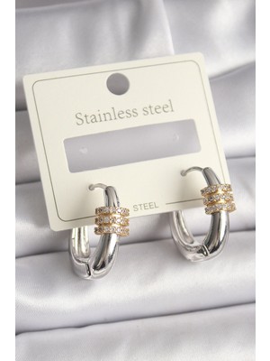 Bucuks Mey Ithalat® 316L Çelik Gümüş Renk Halka Zirkon Gold Zirkon Taşlı Kadın Küpe