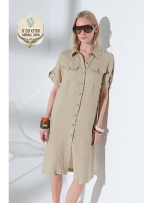 Maule %100 Keten Işlevsel Boydan Düğmeli, Çift Cepli, Dokuma Kadın Gömlek Elbise @sonya