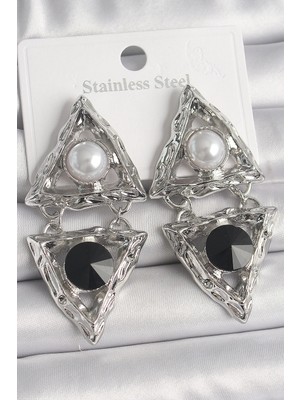 Uslucan Alışveriş Pirinç Gümüş Renk Sallantı Üçgen Model Inci Detay Kadın Küpe